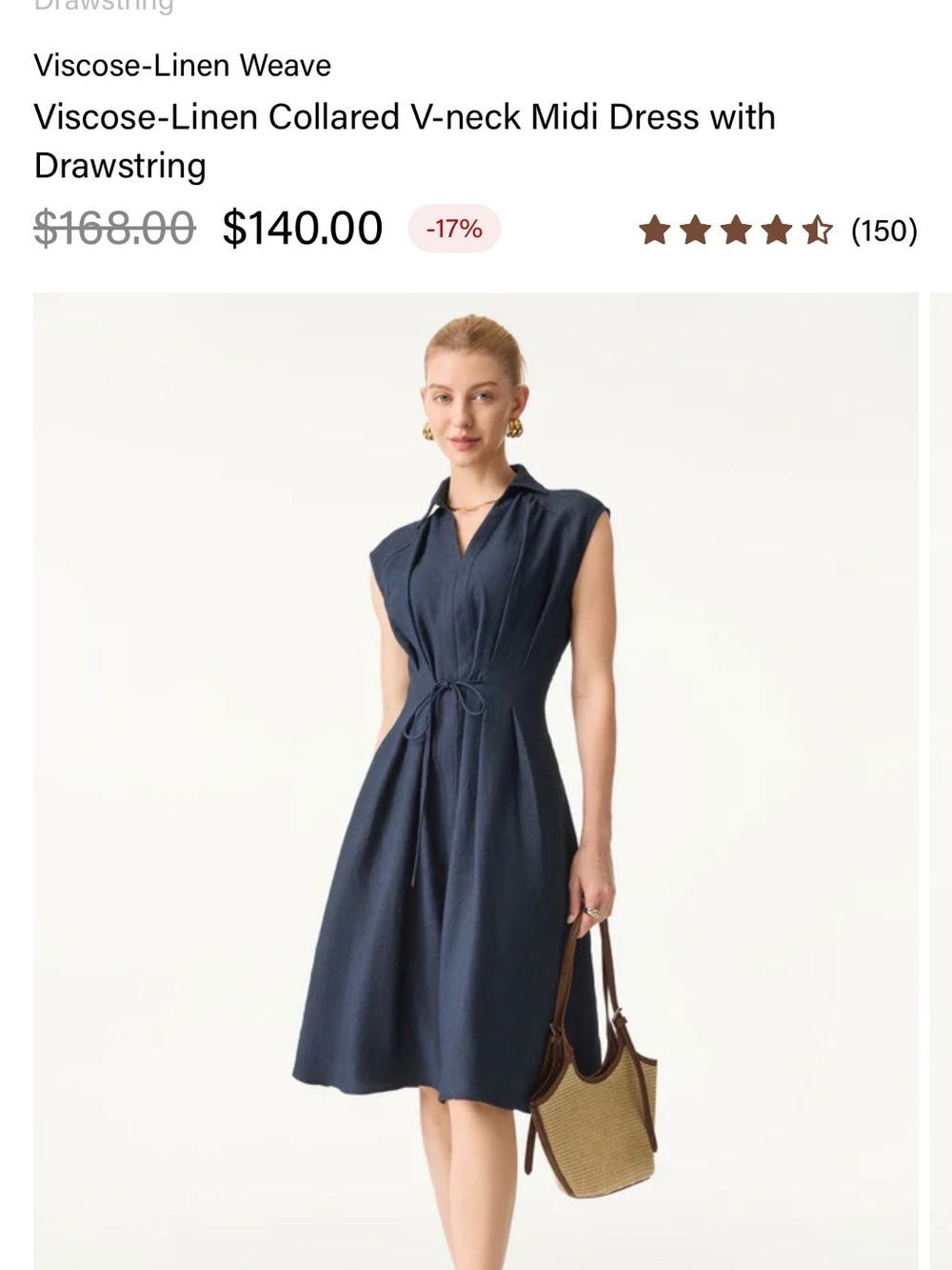 OGL Navy Collared V-Neck Midi Dress with Drawstring and Pockets